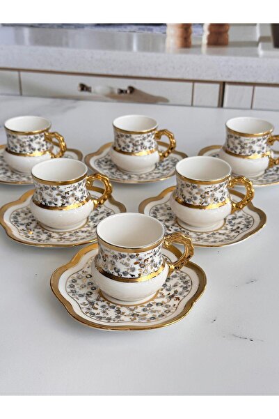 ROSSEV Türk Kahve Fincanı Daisy Siyah 6 Kişilik 12 Parça
