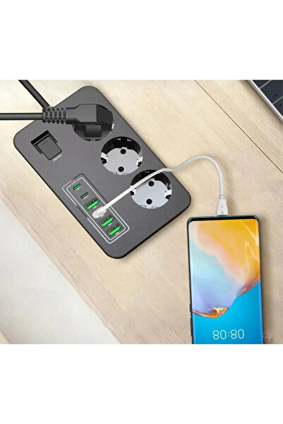MATECHNO Akım Korumalı 3’lü Priz – 2x USB-C + 4x USB-A Hızlı Şarj | 2m Kablo ...