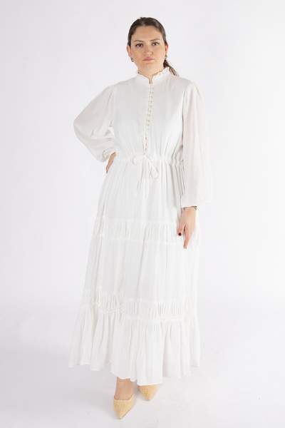 Bedrinxxl Büyük Beden Kadın Beyaz Volan Düğme Hakim Yaka Uzun Elbise Şık Bohe...