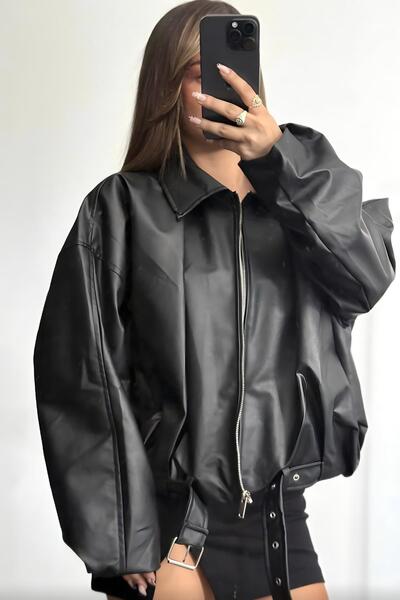 Jaglion Δερμάτινο μπουφάν Luvren Μαύρο Νέα Σεζόν Τάση Με Ζώνη Bomber PB