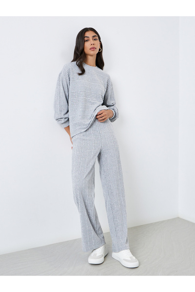 Styli Ribbed Knit Top and Wide Leg Pants Co-Ords