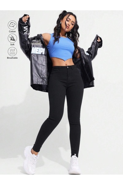 SHEVEGA Women's Black High Waist Linen Lycra Tight Leg Trousers