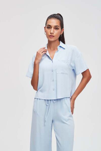 Livia Solid Half-Sleeve Top with Shirt Collar