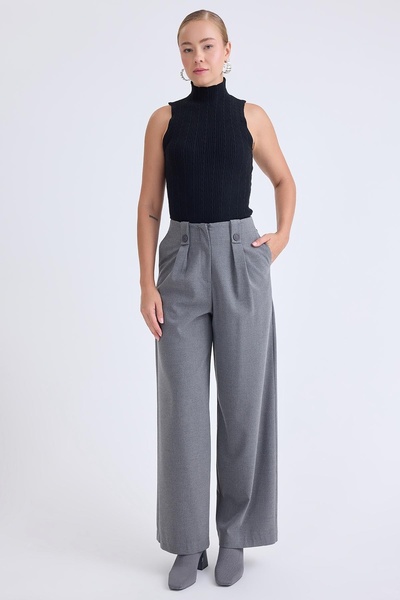 Vitrin Düğme Detaylı Geniş Paça Pantolon