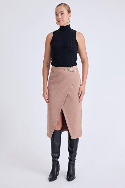 Vitrin Midi Suede Skirt with Buckle on the Front