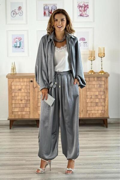 Nevin Kaya Moda Gray Satin Suit
