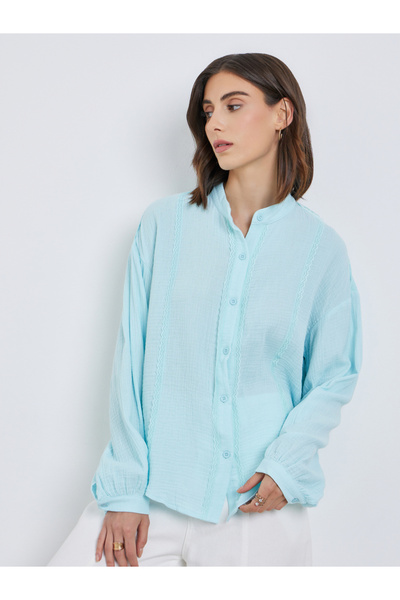 Take Two By Styli Solid Lace Trim Buttoned Oversized Shirt