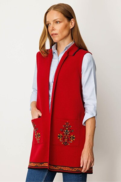 Desen Triko Kadın Polo Yaka Etek Ucu Kilim Desenli Uzun Yün Yelek K.Kırmızı