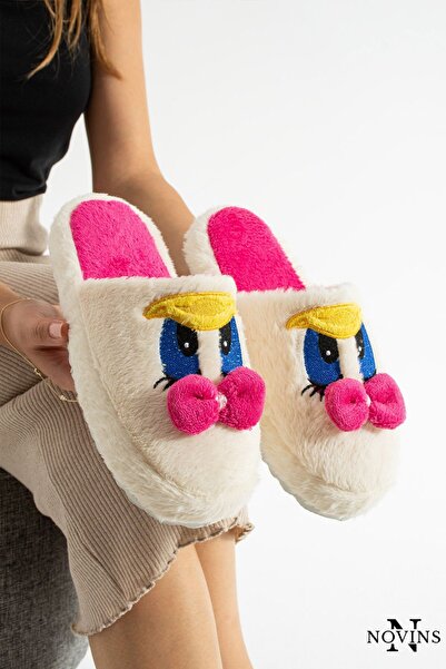 NOVİNS Cute Bowknot Duffy Duck Figure Embroidered Non-Slip Lightweight Sole House Slippers