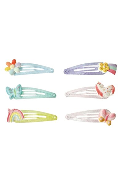 SHOPIENS Set 6 agrafe metalice de păr pentru fete cu design curcubeu, floare, fluture și unicorn, multicolore,