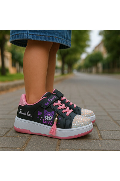 JOJO KIDS kız çocuk kuromi deri spor ayakkabı , cırtlı sneaker , kalın taban