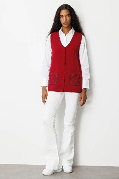 Desen Triko Women's V-Neck Pocket Crocheted Wool Vest V.Churugi