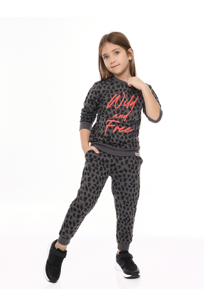 Victor and Jane By Styli Girls Charcoal Animal Print Sweatshirt and Joggers Set
