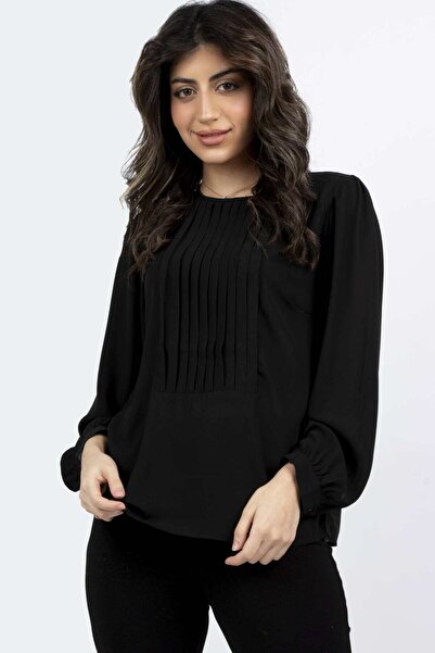 mica Pleated Chest-Detail Long-Sleeve Top