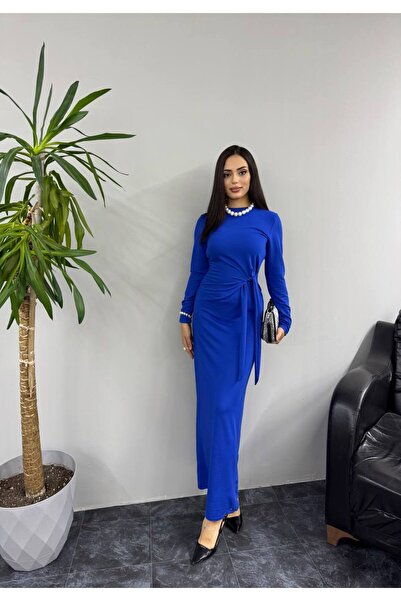 SHEZAN MODA فستان نسائي مريح بتفاصيل ربط جانبية باللون الأزرق BB-10004729