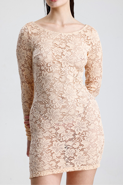 Sense Dantel Mini Elbise - Uzun Kollu, Şık Gece ve Parti Elbisesi | ELB36380 Somon