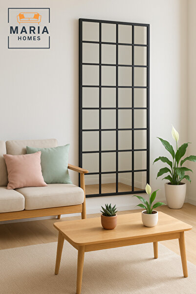 MARIA HOMES Black Wooden Frame Wall Mirror with Grid Design – Decorative Full-Length Mirror (180×80 cm)