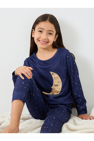 Styli Girls Navy Star Moon Print T-Shirt and Pyjama Set