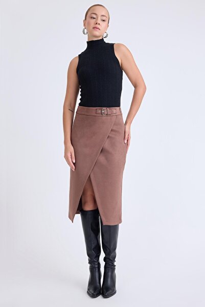 Vitrin Midi Suede Skirt with Buckle on the Front
