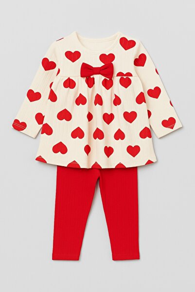 dinamik çocuk Baby Girl/Child Large Heart Printed Shoulder Snap Fastener with Bow - 2-Piece Baby Set Seasonal 3-6-9-12 Months