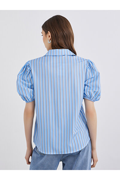 Take Two By Styli Women Blue Striped Puff Sleeves Shirt