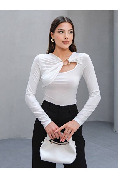 MY DEPO Women's Buckle Detailed Low-Cut Blouse