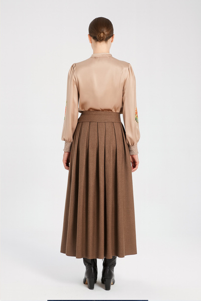Triko Mısırlı Brown Pleated Flared Skirt with Button Detail