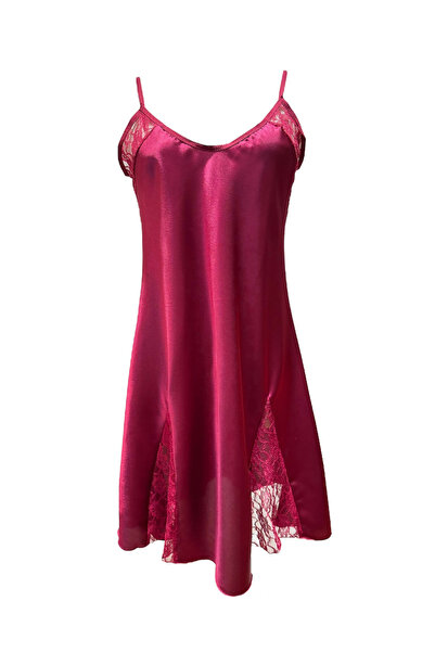 MY PEANUT Burgundy Lace Detailed V Neck Elegant Satin Mini Nightgown MPNW280BR