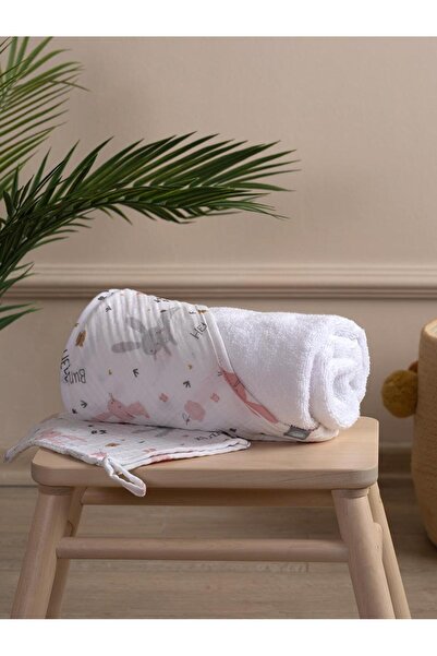 Funna Baby Üçgen Başlıklı Havlu + Kese - Rabbit - Pembe - 75 X 75 Cm
