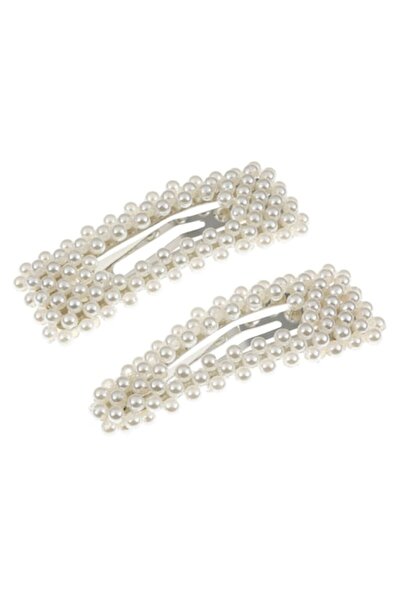 SHOPIENS Set 2 hair clips Shopiens® for women, metallic, with white oval and square pearls, 5.5 cm