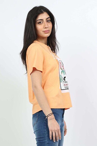 mica بلوزة قطنية بياقة دائرية وأكمام نصفية