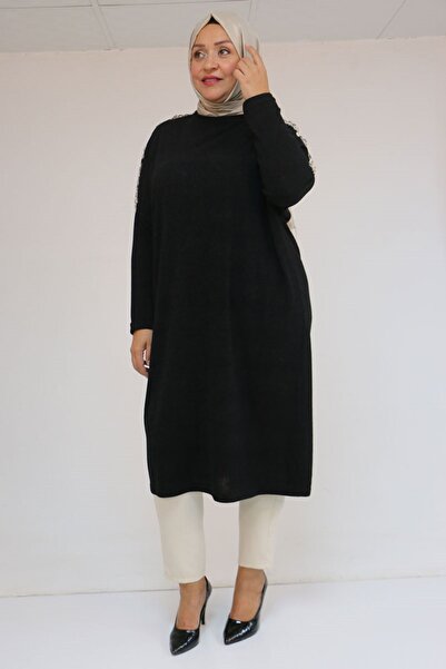 Eslina 58112 Plus Size Shoulder Accessory Detailed Low Sleeve Tunic - Black