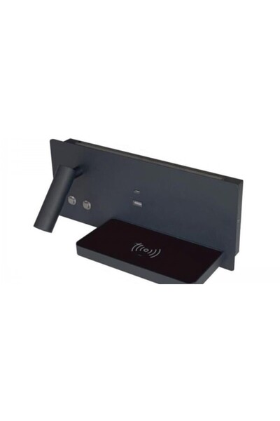 Asytech Lampă LED de perete cu încărcare wireless Qi, porturi USB și Type C, lumină reglabilă, neagră, stânga