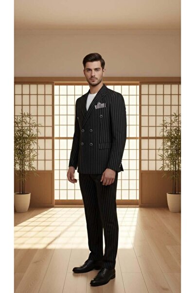 Salihtarzz Takım Elbise Kruvaze SlimFit Siyah Çizgili SD42207