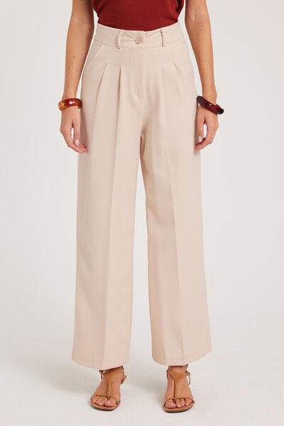 Tudors Women's Regular Fit Classic Cut High Waist Wide Leg Beige Trousers