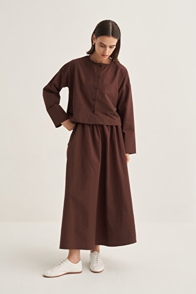 EBU Prive Women's Poplin Skirt Blouse Set Brown