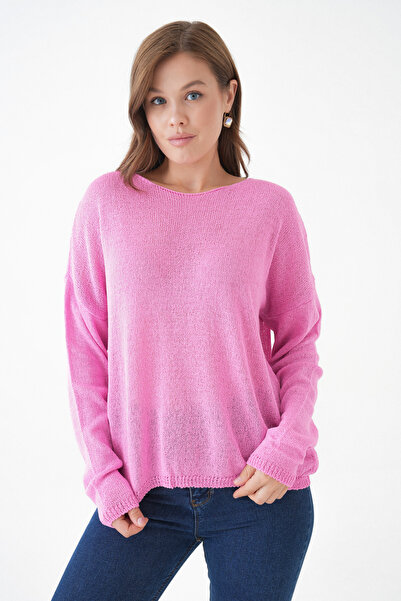 WOMAN VISION Crew Neck Oversize Pink Basic Knitwear Sweater 6933