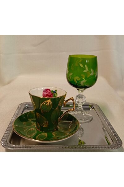 BY.RAYKA PORSELEN El Dekor Almond Porcelain El Boyama Single Person Coffee Cup and Glass Water Cup