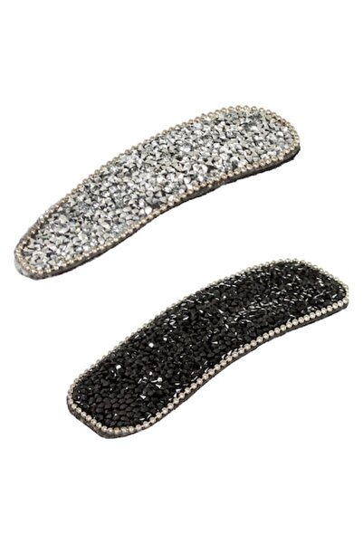 SHOPIENS Set 2 agrafe de păr pentru femei, metalice, dreptunghiulare și triunghiulare cu pietre argintii și negre