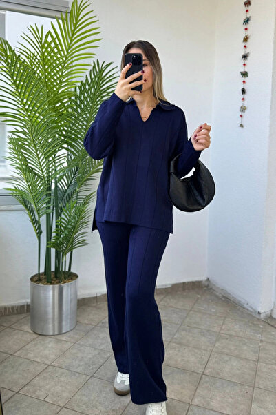 Kubos Moda طقم تريكو بياقة بولو مع فتحة جانبية طويلة في الخلف، أزرق داكن