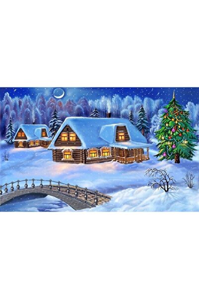 GRELYS PRINT Tablou Canvas, Iarna, Brad, Casuta, 80 x 50 cm, Rama lemn, Multi...