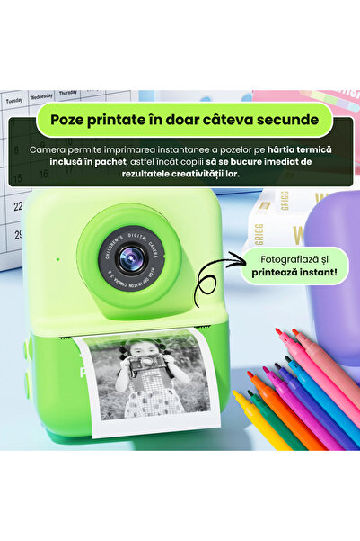 FAMIFY Aparat foto instant Polaroid pentru copii, 48MP, 1080P, imprimare termică, ecran de 3", geantă, 64GB, verde