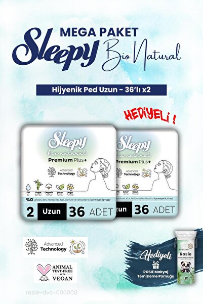 Sleepy 2 adet Mega Paket Uzun 36'lı Bio Natural Hijyenik Ped ve ROSIE makyaj ...
