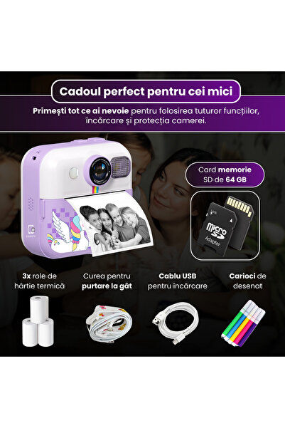 FAMIFY Cameră instantanee pentru copii, 48MP, Full HD, Jocuri, Muzică, 1500mAh, SD 64GB, USB, Autocolante, Mov
