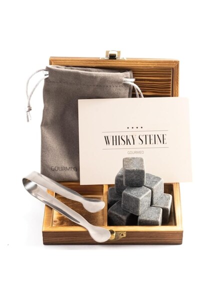Gourmeo Premium Gift Set for Drinks, Gourmeo, 9 Cooling Stones with Bag, Stainless Steel Tongs, Wooden Box