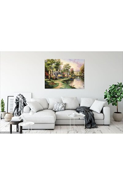 GRELYS PRINT Canvas Painting, Autumn Landscape, River, Trees, Houses, 100 x 70 cm, Multicolor