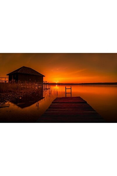 GRELYS PRINT Tablou Canvas, Apus de soare pe lac, Ponton, 80 x 50 cm, Rama le...