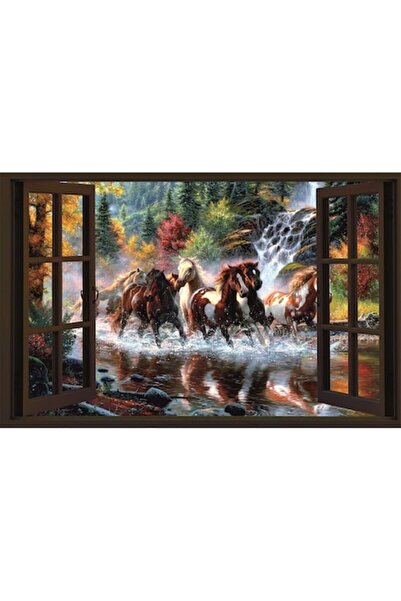 GRELYS PRINT Pictură pe pânză, Peisaj, Cai alergând prin apă, Fereastră, 80 x...