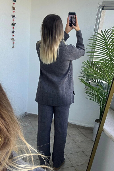 Kubos Moda Polo Neck Long Side Slit Knitwear Bottom Top Gray Set