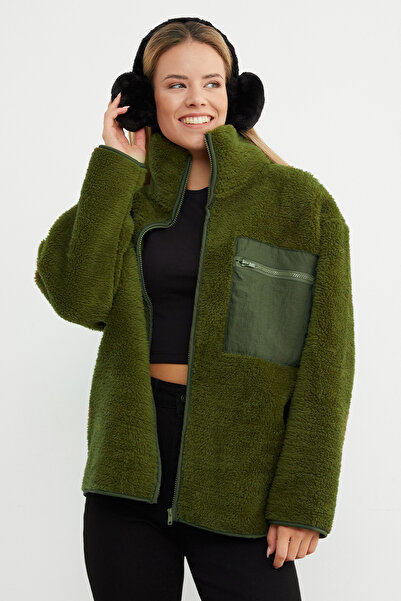 Fulla Moda Fermuarlı Tek Cepli Dik Yaka Pelüş Mont